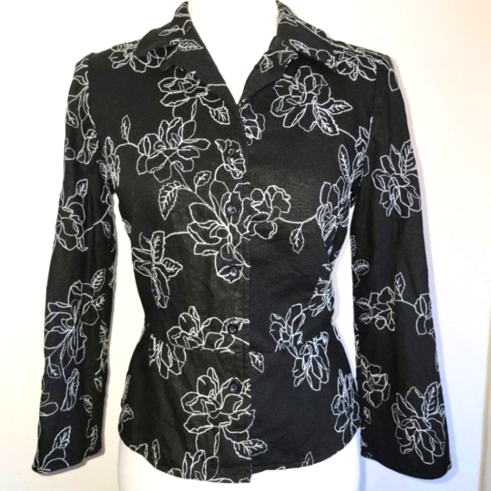 Women's Elegant Linen Blend Black Floral Embroidered Lightweight Coat/Blazer - Picture 1 of 7